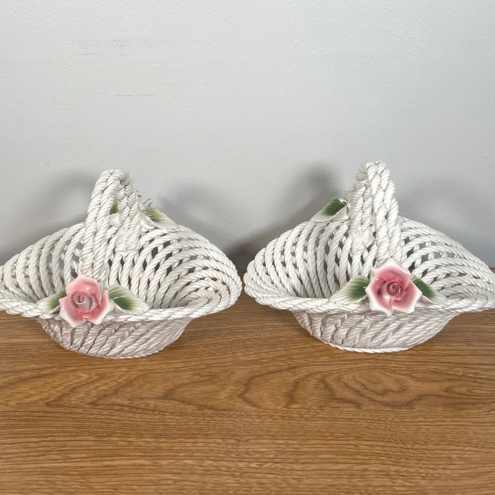 Ceramiche Lanzarin Italy Woven Ceramic Basket Pink Roses Hand Made Set of 2